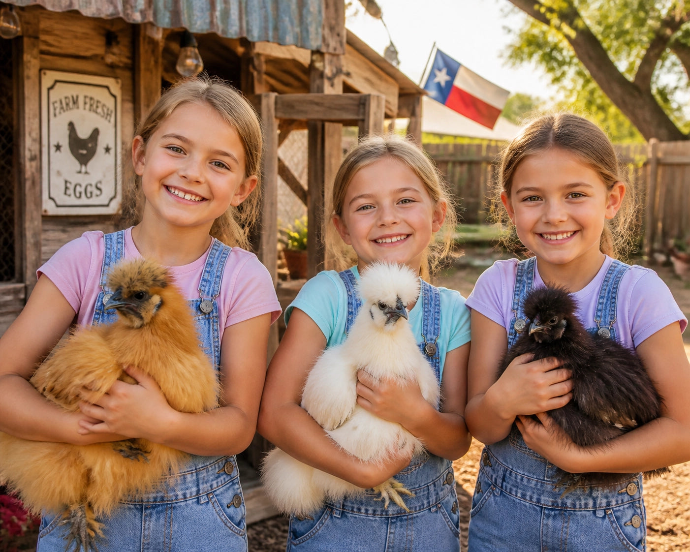 Children interacting with fluffy backyard chickens in a sunny Texas yard