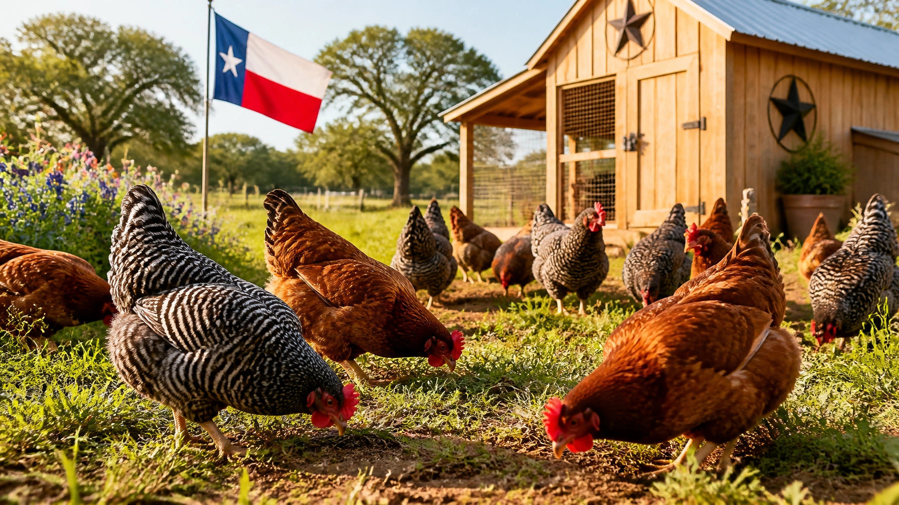 Flock of healthy chickens foraging in a sunny Texas homestead yard with a sturdy coop