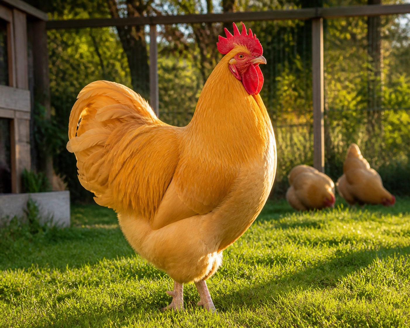 A majestic and gentle Buff Orpington rooster standing proudly in a lush green backyard chicken run