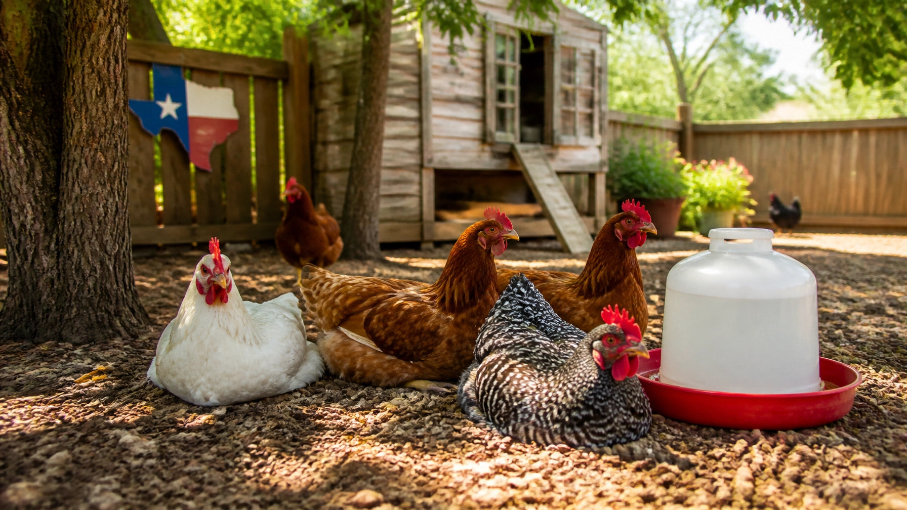 Vibrant Texas backyard chicken coop in mid-summer with happy hens staying cool