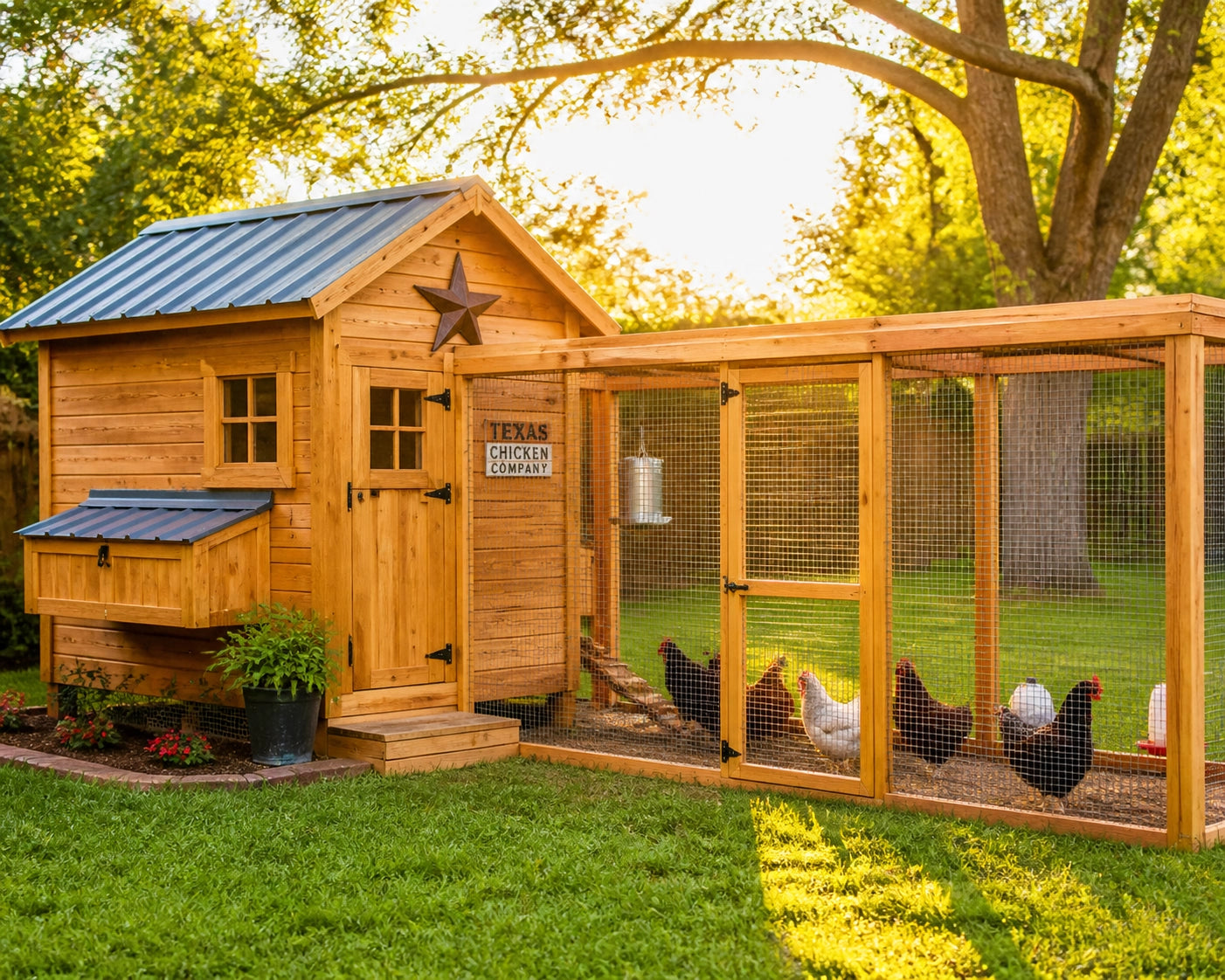A vibrant backyard scene showing a sturdy wooden chicken coop with a large attached covered wire run in a lush green Texas ba