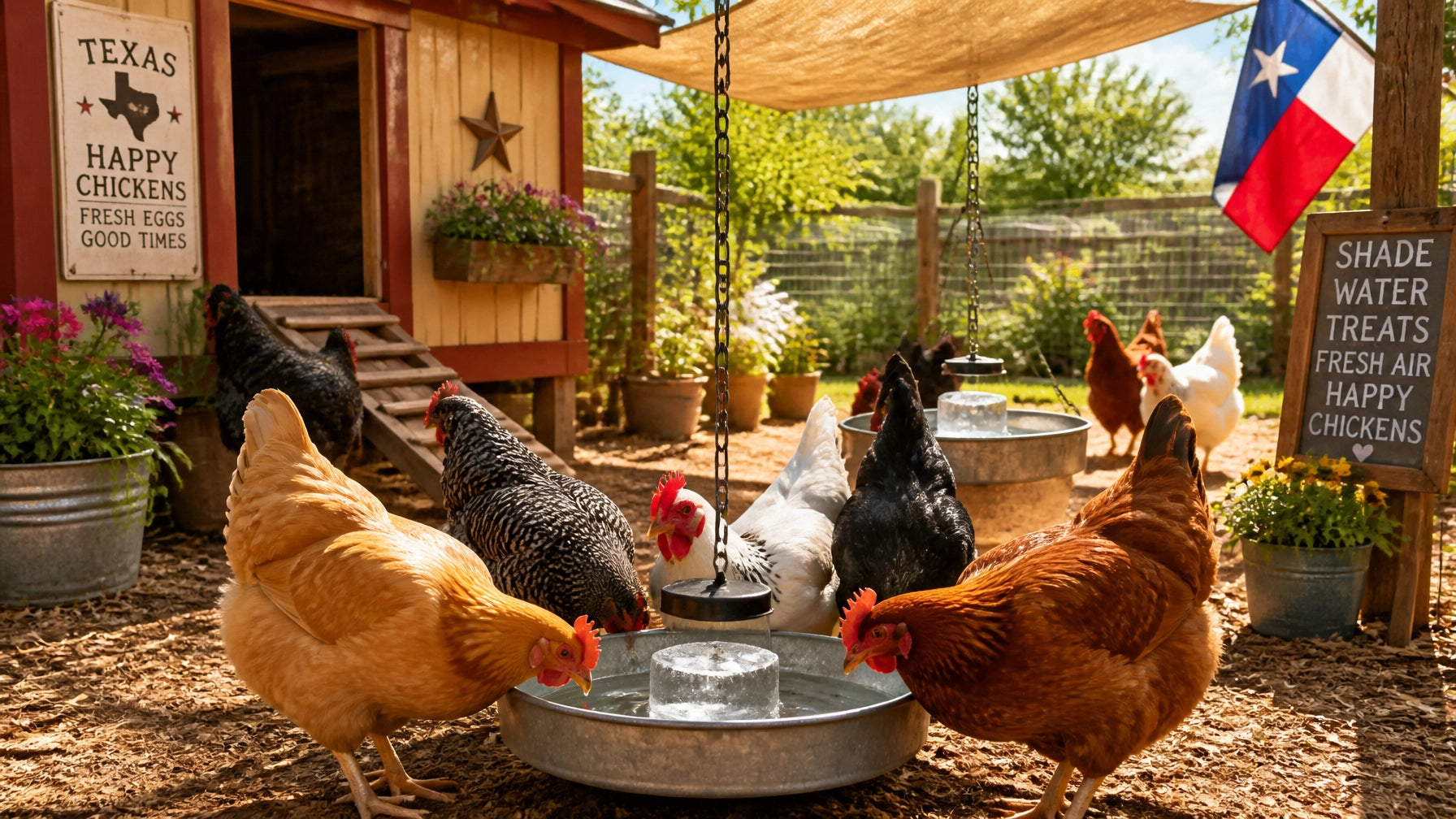 Backyard chicken coop in Texas with shaded waterers and ice blocks