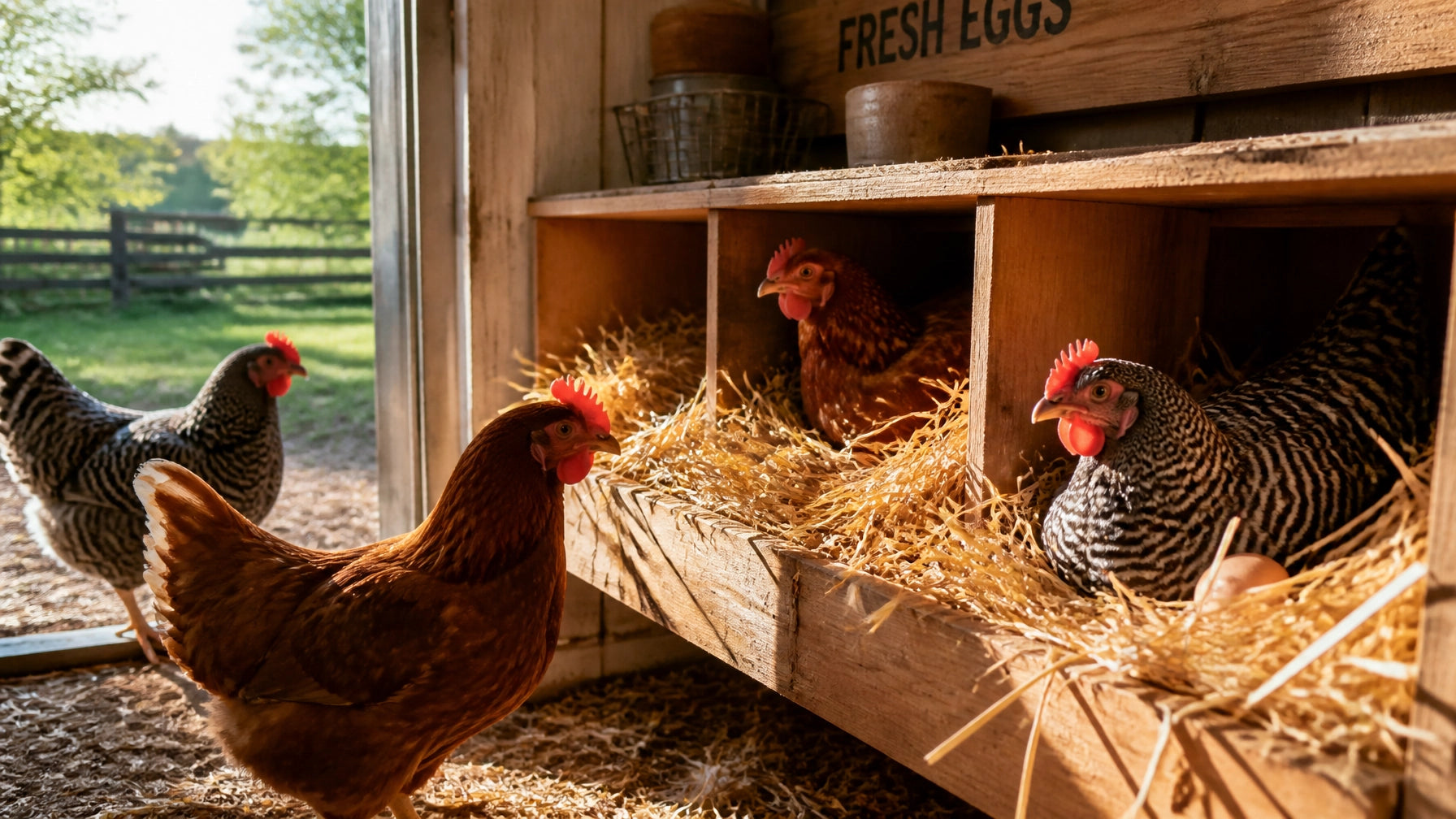 Healthy backyard chicken coop with fresh straw in nesting boxes and vibrant hens