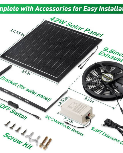 10" Solar Exhaust Intake Fan with Battery&42W Solar Panel