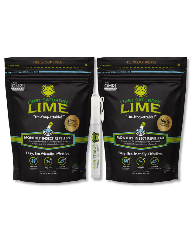 Bundle: 2 First Saturday Lime 20lb Bags and 1 10ml Eco-Friendly Insect Repellent Spray