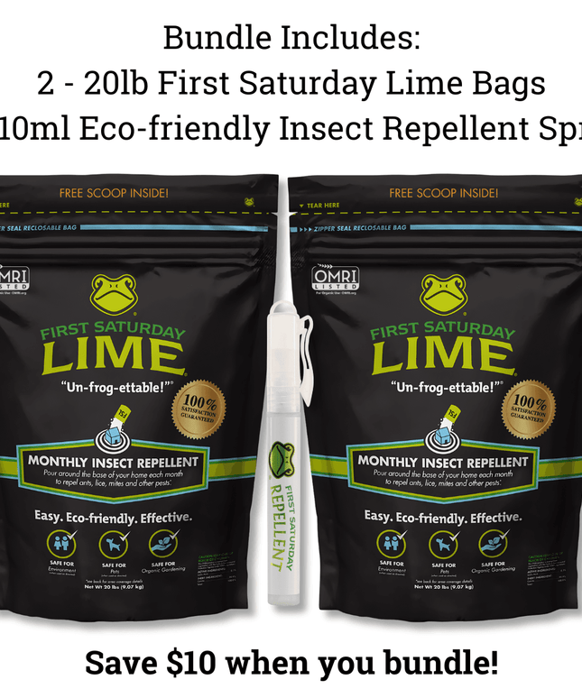 Bundle: 2 First Saturday Lime 20lb Bags and 1 10ml Eco-Friendly Insect Repellent Spray