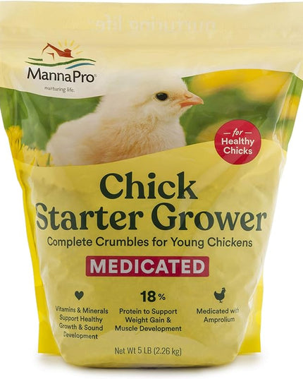 Manna Pro Chick Starter Grower - Medicated Chick Feed Crumble for Young Chickens - 5 lbs