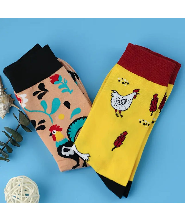 Cartoon Chicken Pattern Crew Socks, Breathable Comfy Casual Street Style Socks-2 pack
