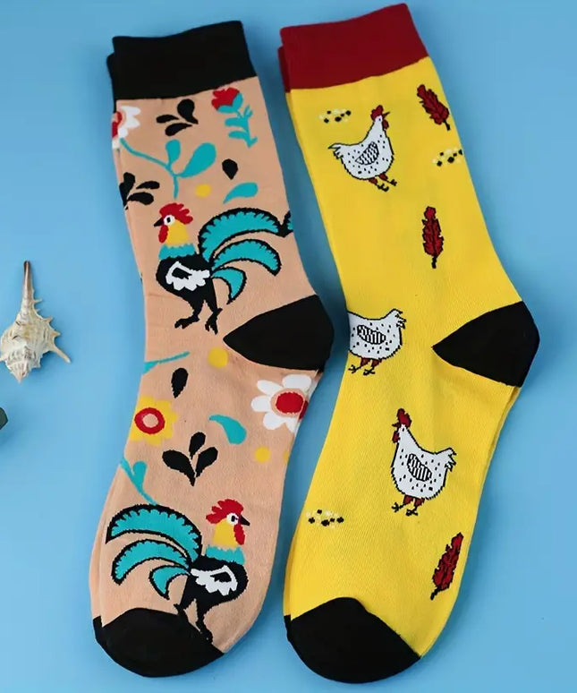 Cartoon Chicken Pattern Crew Socks, Breathable Comfy Casual Street Style Socks-2 pack