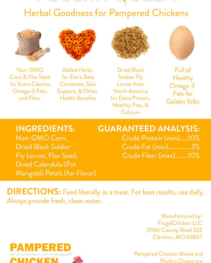 Poultry Queen Mealworm, Premium Corn, Flax Seeds, & Herb Treat For Pet Chickens
